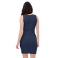 Back view of a woman wearing a navy blue bitcoin bodycon dress.