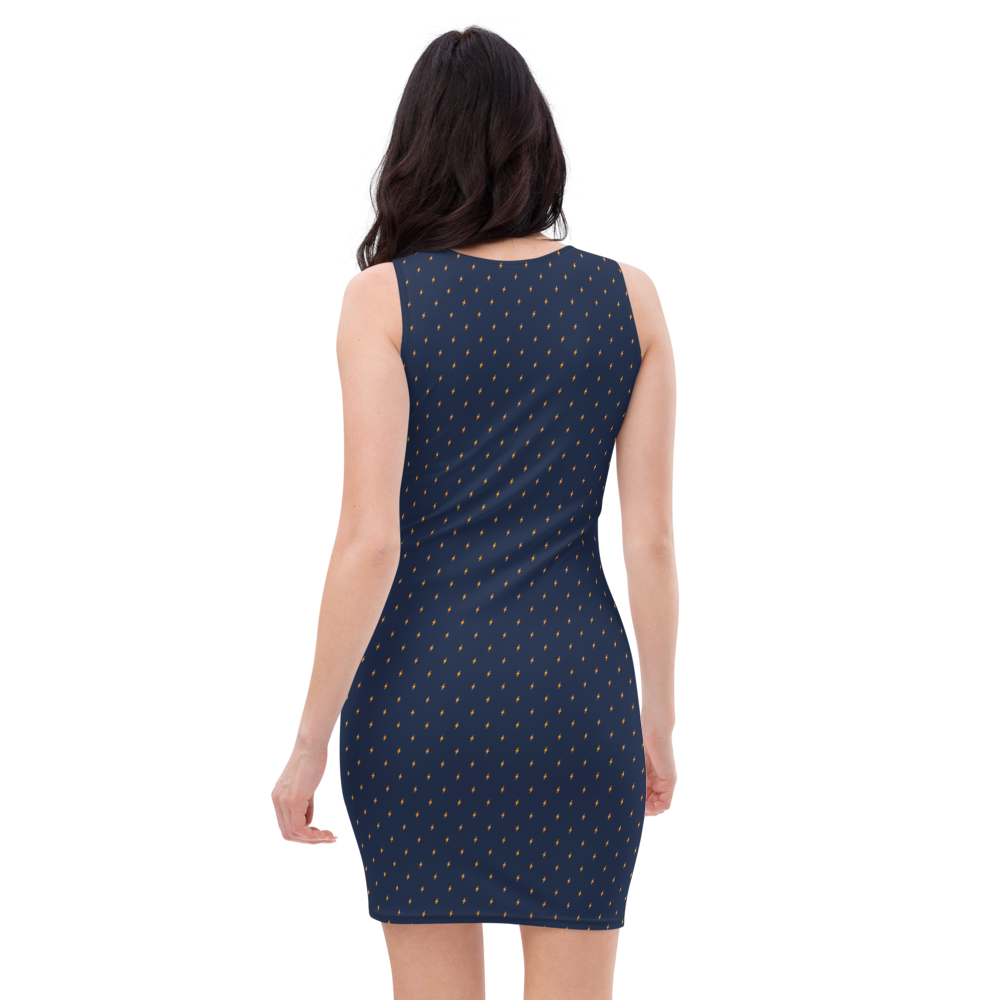 Back view of a woman wearing a navy blue bitcoin bodycon dress.