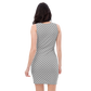 Back view of a woman wearing a silver bitcoin bodycon dress.