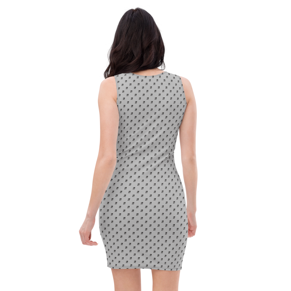 Back view of a woman wearing a silver bitcoin bodycon dress.