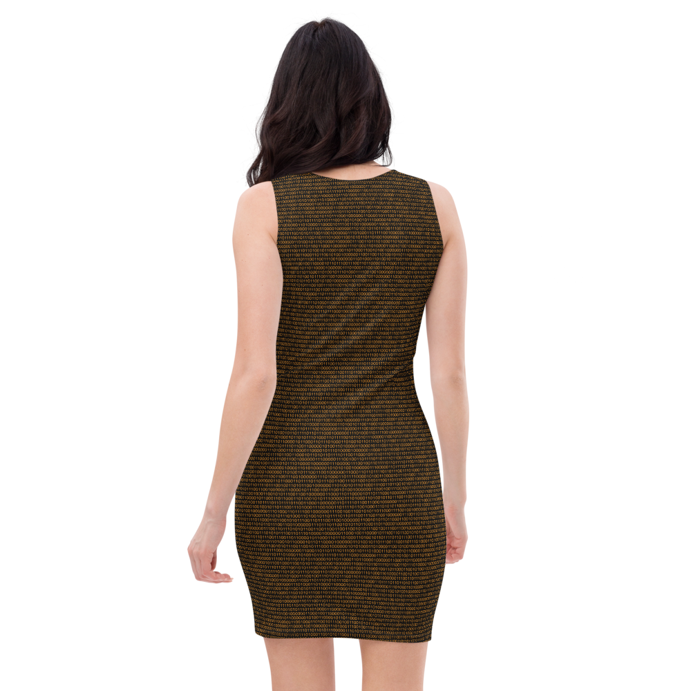 Back view of a woman wearing a black bitcoin bodycon dress.
