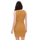 Back view of a woman wearing an orange bitcoin bodycon dress.