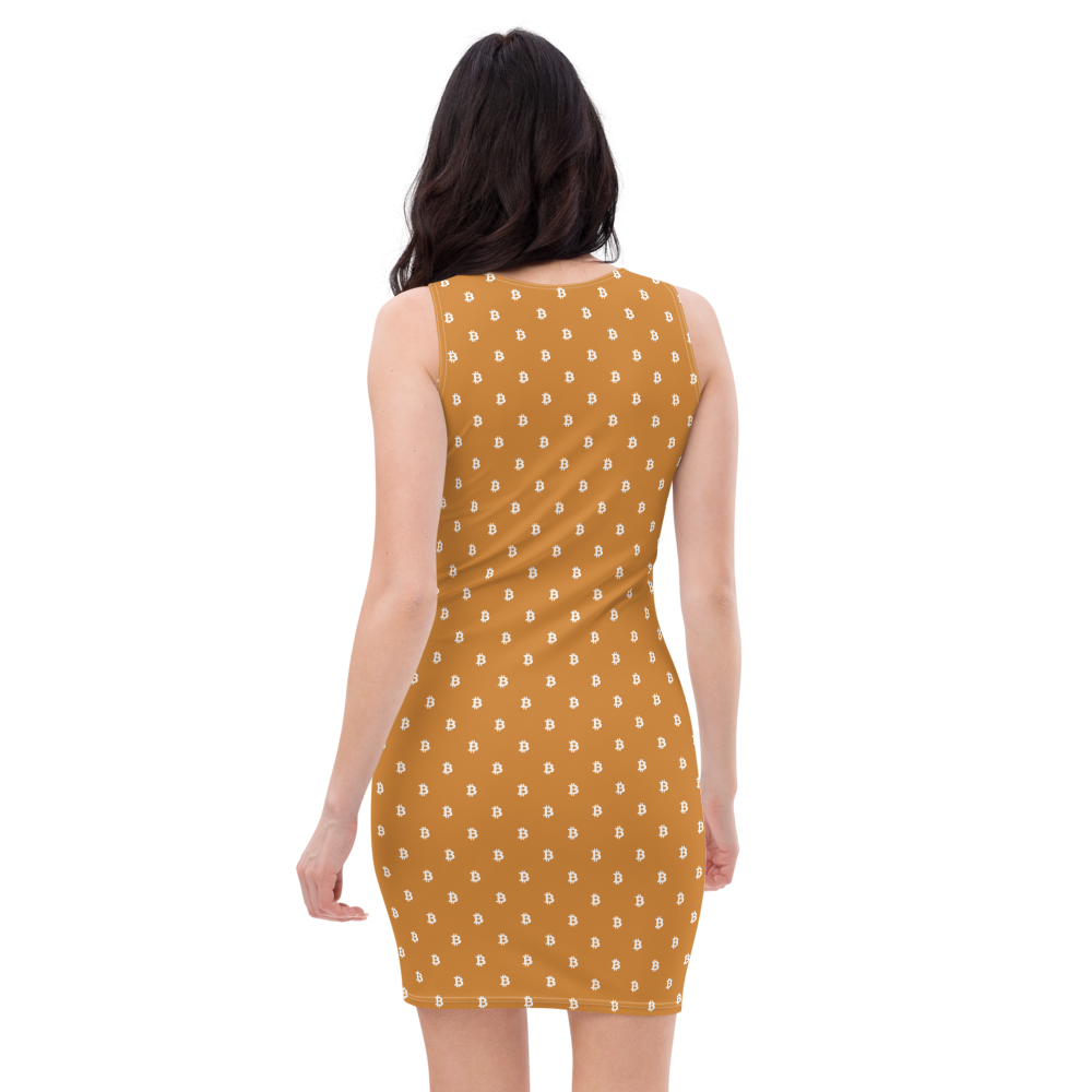 Back view of a woman wearing an orange bitcoin bodycon dress.