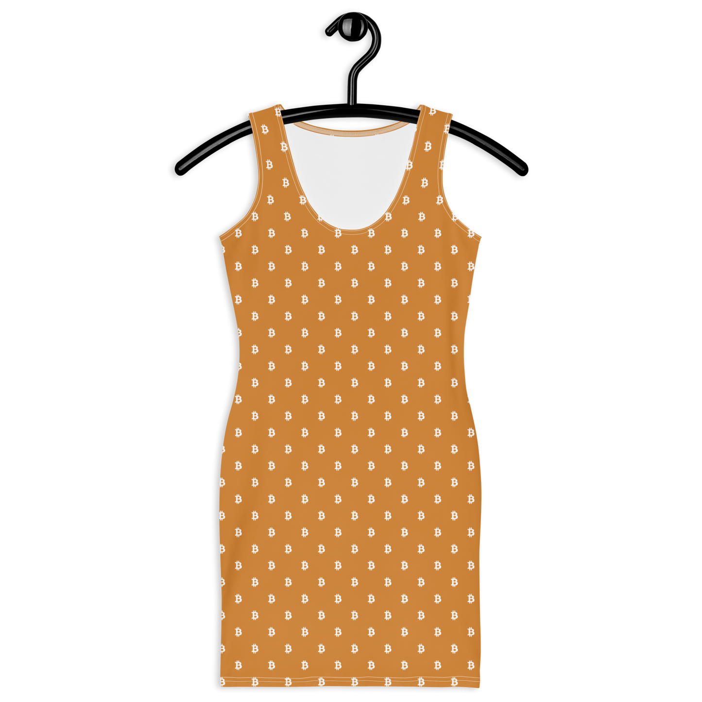 Front view of an orange bitcoin bodycon dress.