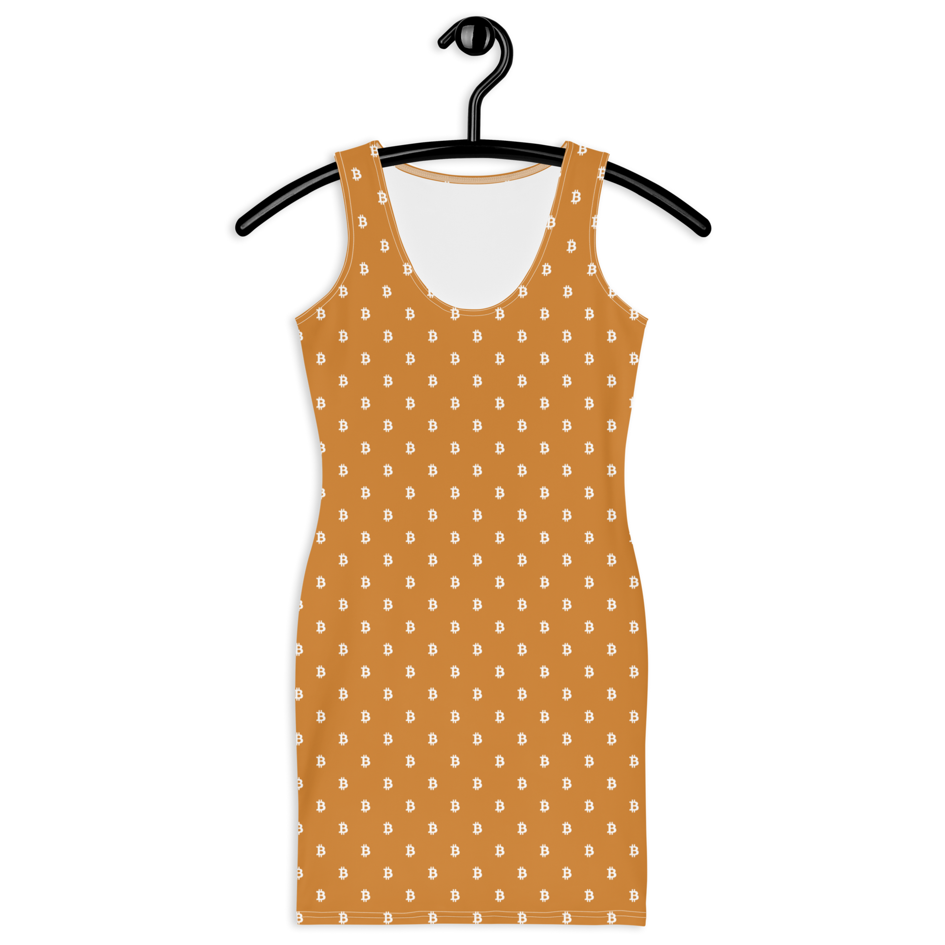 Front view of an orange bitcoin bodycon dress.