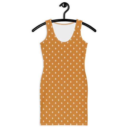 Front view of an orange bitcoin bodycon dress.