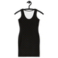 Front view of a black bitcoin bodycon dress.