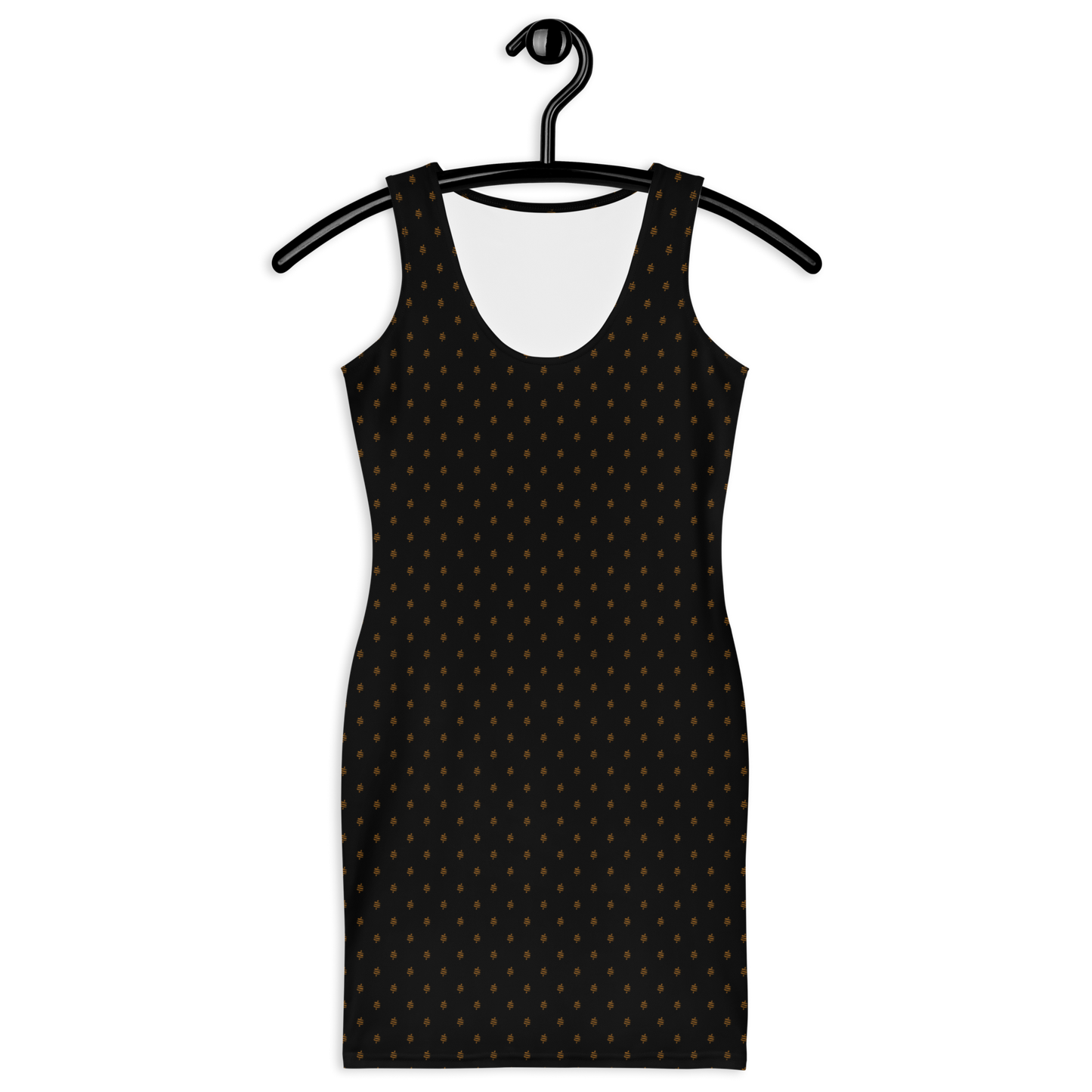 Front view of a black bitcoin bodycon dress.