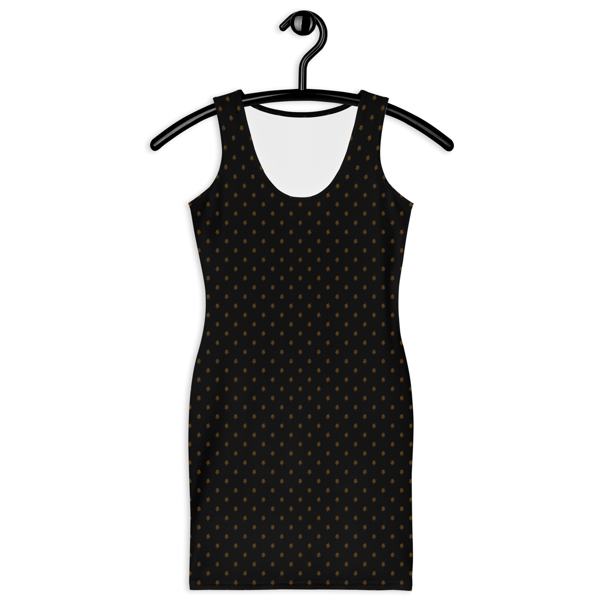 Front view of a black bitcoin bodycon dress.