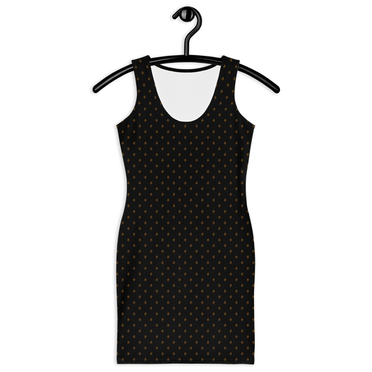 Front view of a black bitcoin bodycon dress.