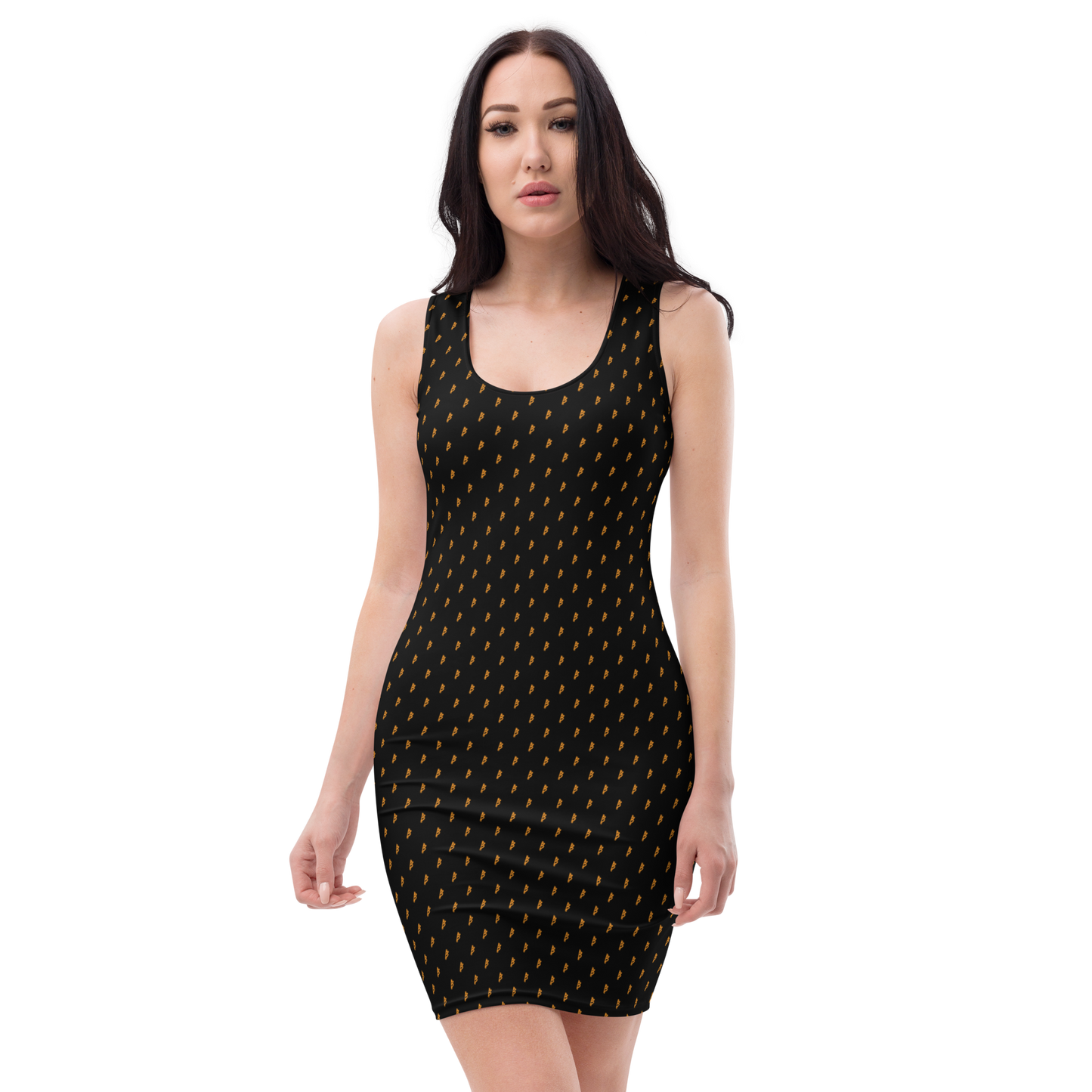 Front view of a woman wearing a black bitcoin bodycon dress.