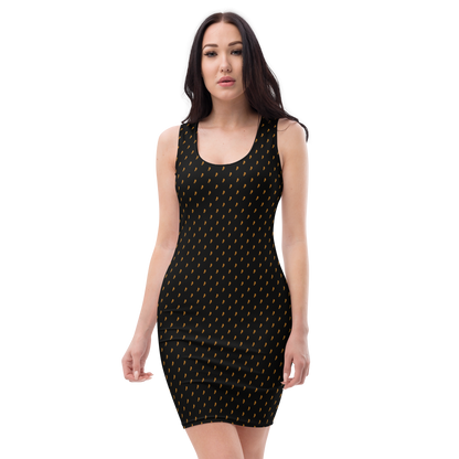 Front view of a woman wearing a black bitcoin bodycon dress.