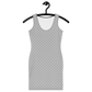 Front view of a silver bitcoin bodycon dress.