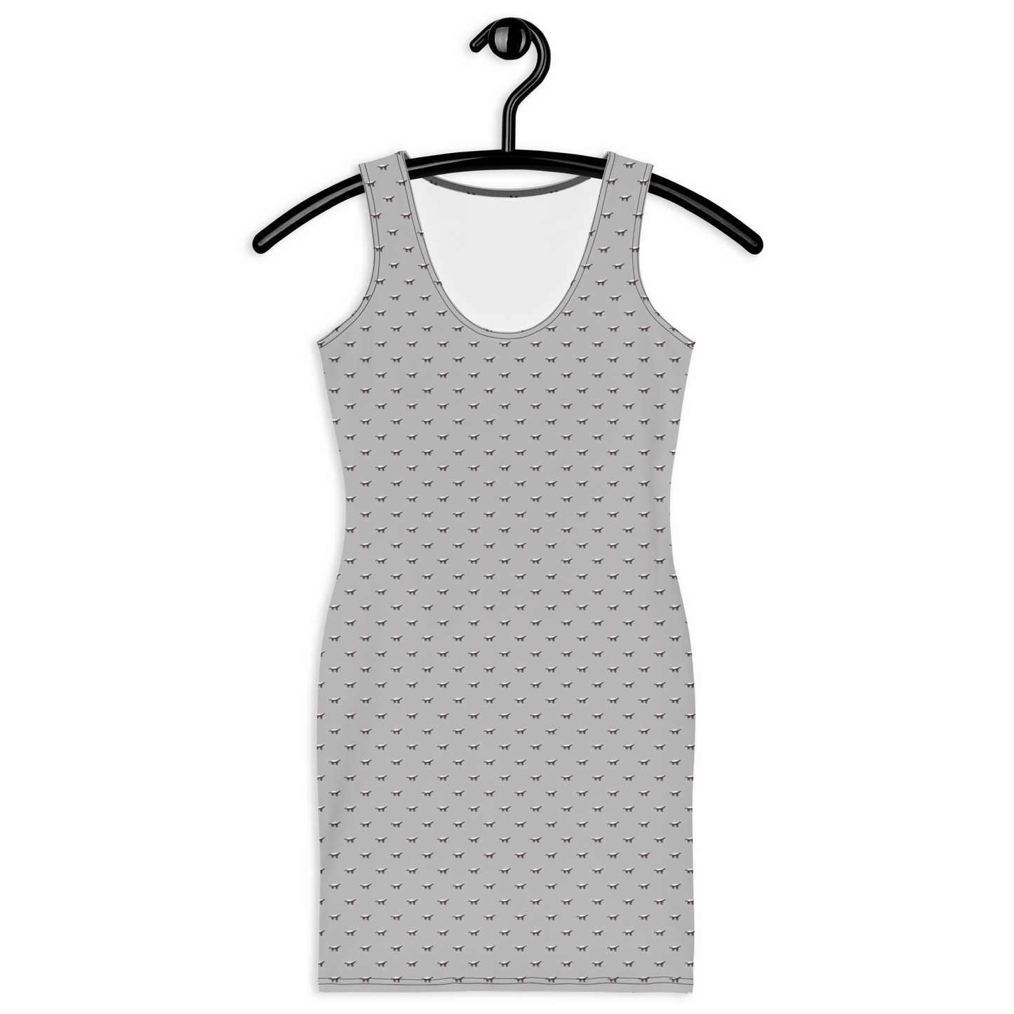 Front view of a silver bitcoin bodycon dress.