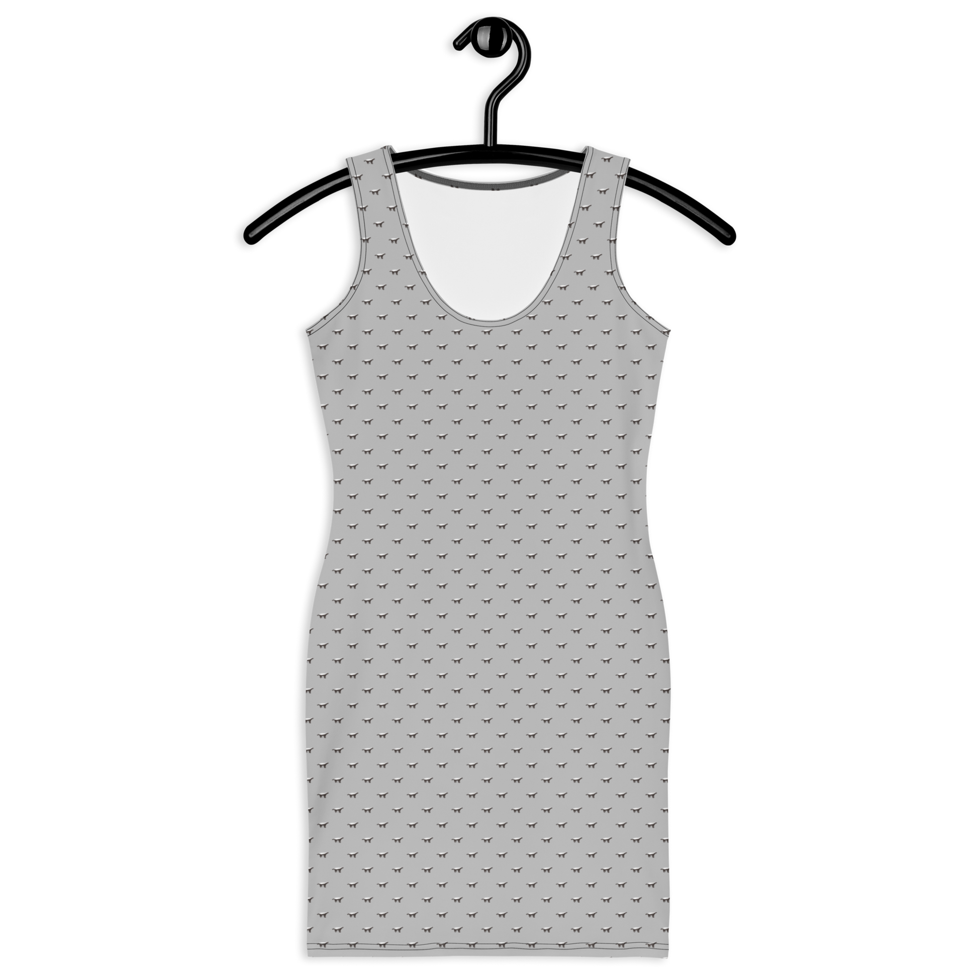 Front view of a silver bitcoin bodycon dress.