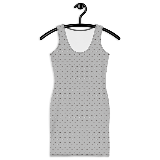Front view of a silver bitcoin bodycon dress.