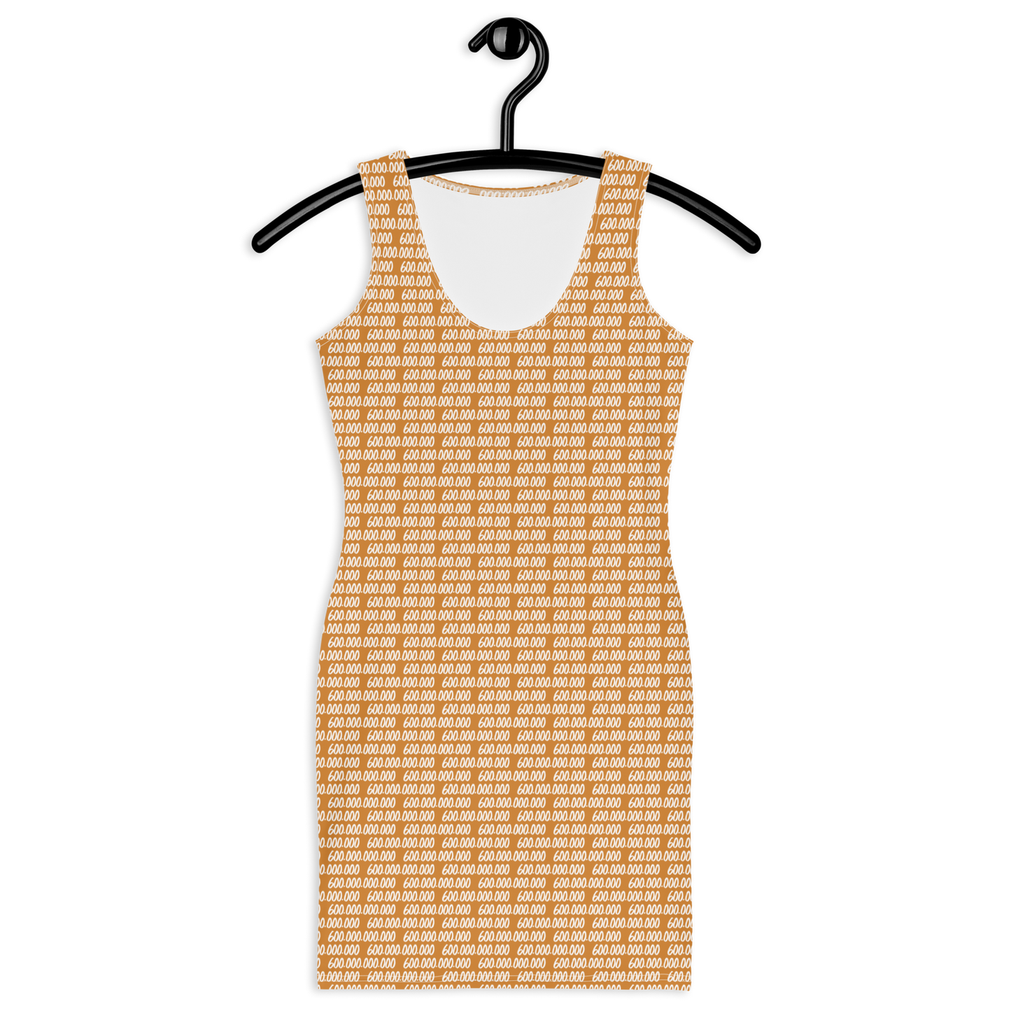 Front view of an orange bitcoin bodycon dress.