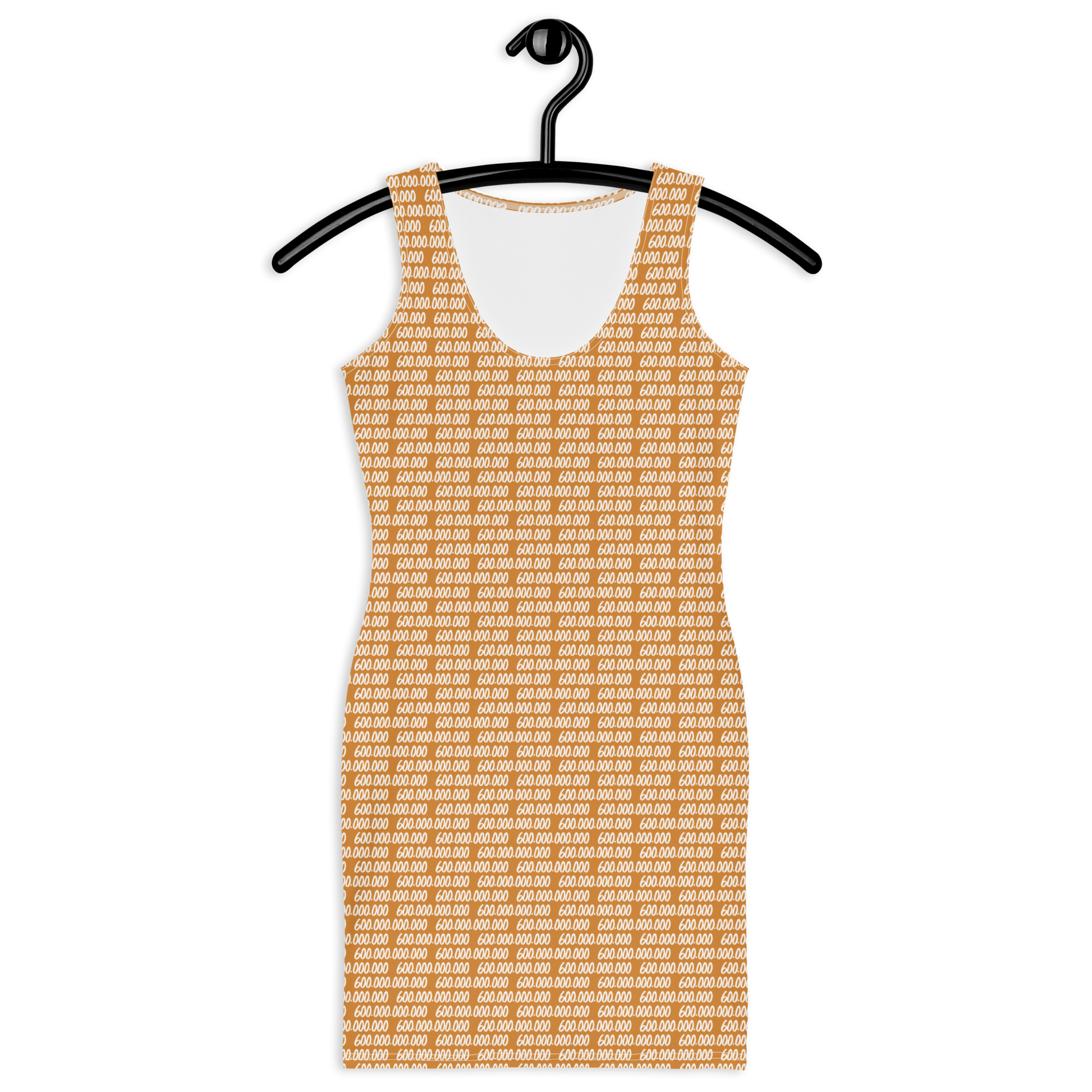 Front view of an orange bitcoin bodycon dress.