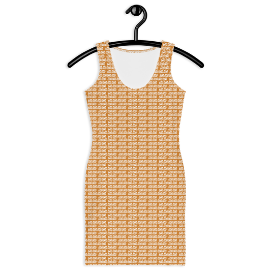 Front view of an orange bitcoin bodycon dress.