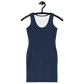 Front view of a navy blue bitcoin bodycon dress.