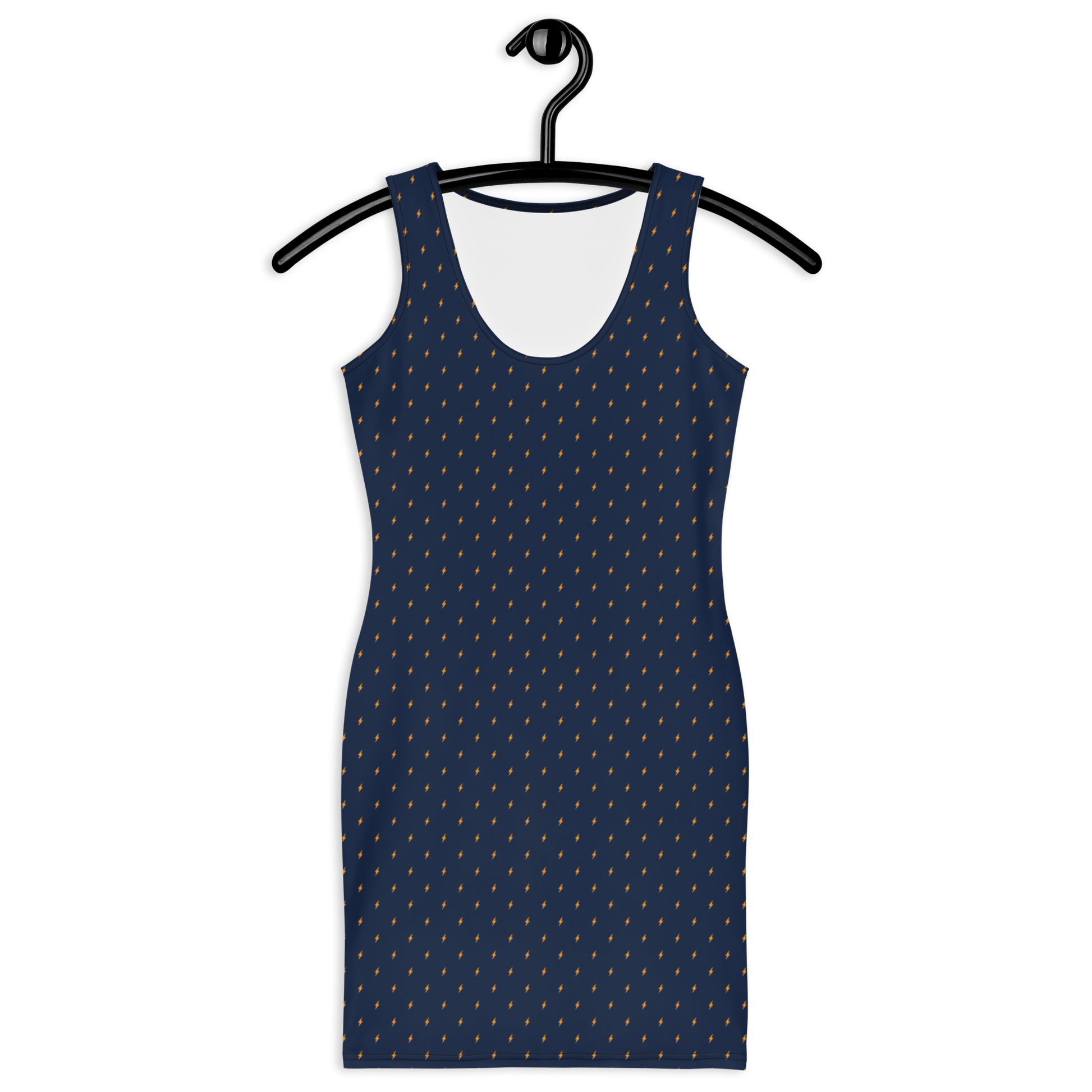 Front view of a navy blue bitcoin bodycon dress.