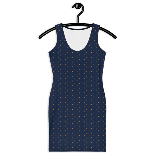 Front view of a navy blue bitcoin bodycon dress.