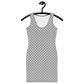 Front view of a silver bitcoin bodycon dress.