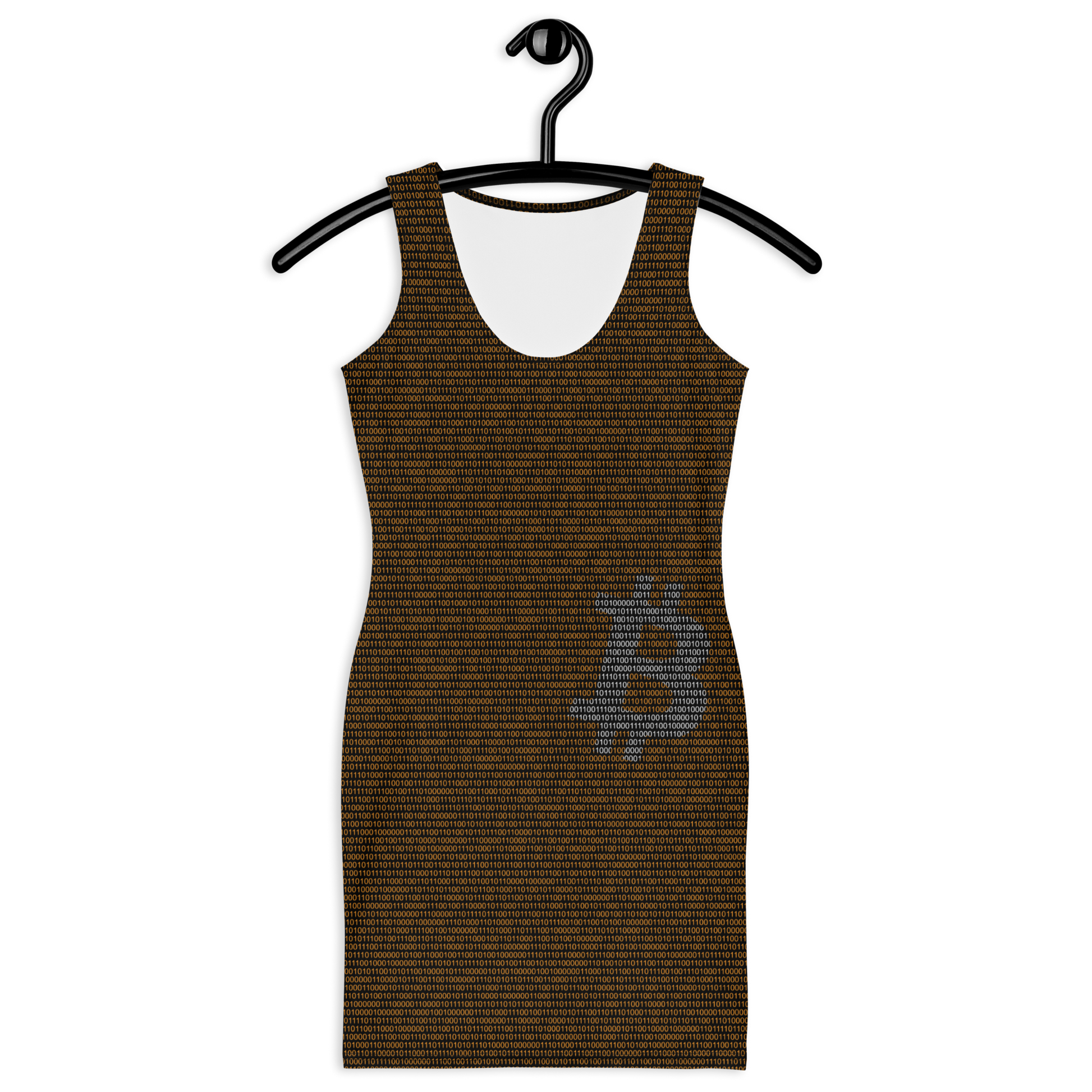Front view of a black bitcoin bodycon dress.
