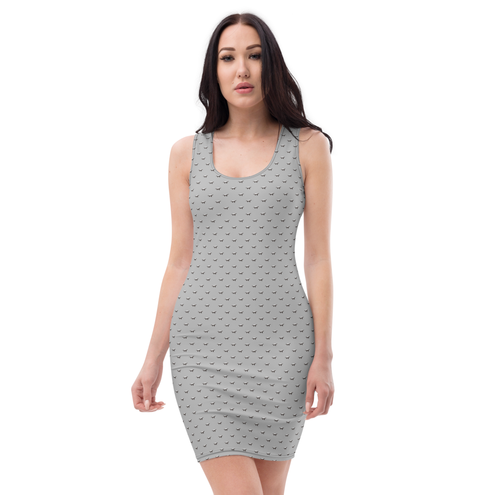 Front view of a woman wearing a silver bitcoin bodycon dress.