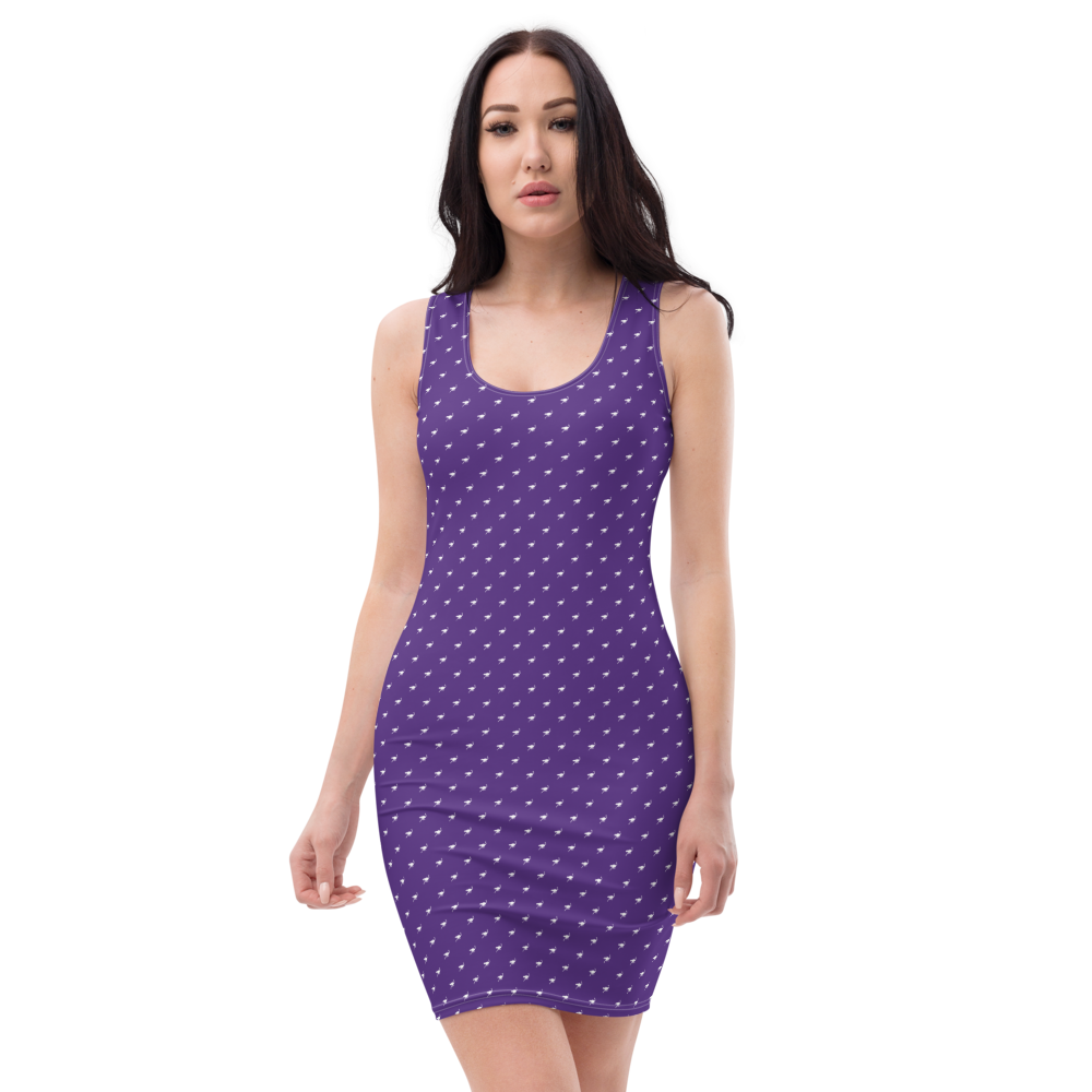 Front view of a woman wearing a purple nostr bodycon dress.