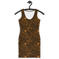 Front view of a black bitcoin bodycon dress.