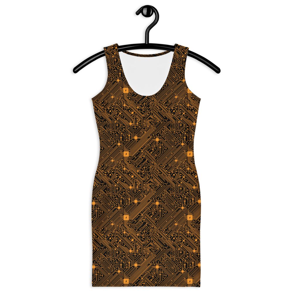 Front view of a black bitcoin bodycon dress.