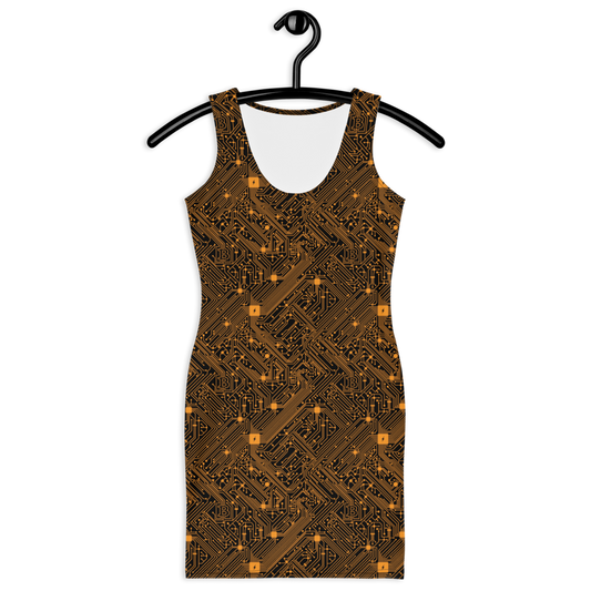 Front view of a black bitcoin bodycon dress.