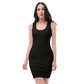 Front view of a woman wearing a black bitcoin bodycon dress.