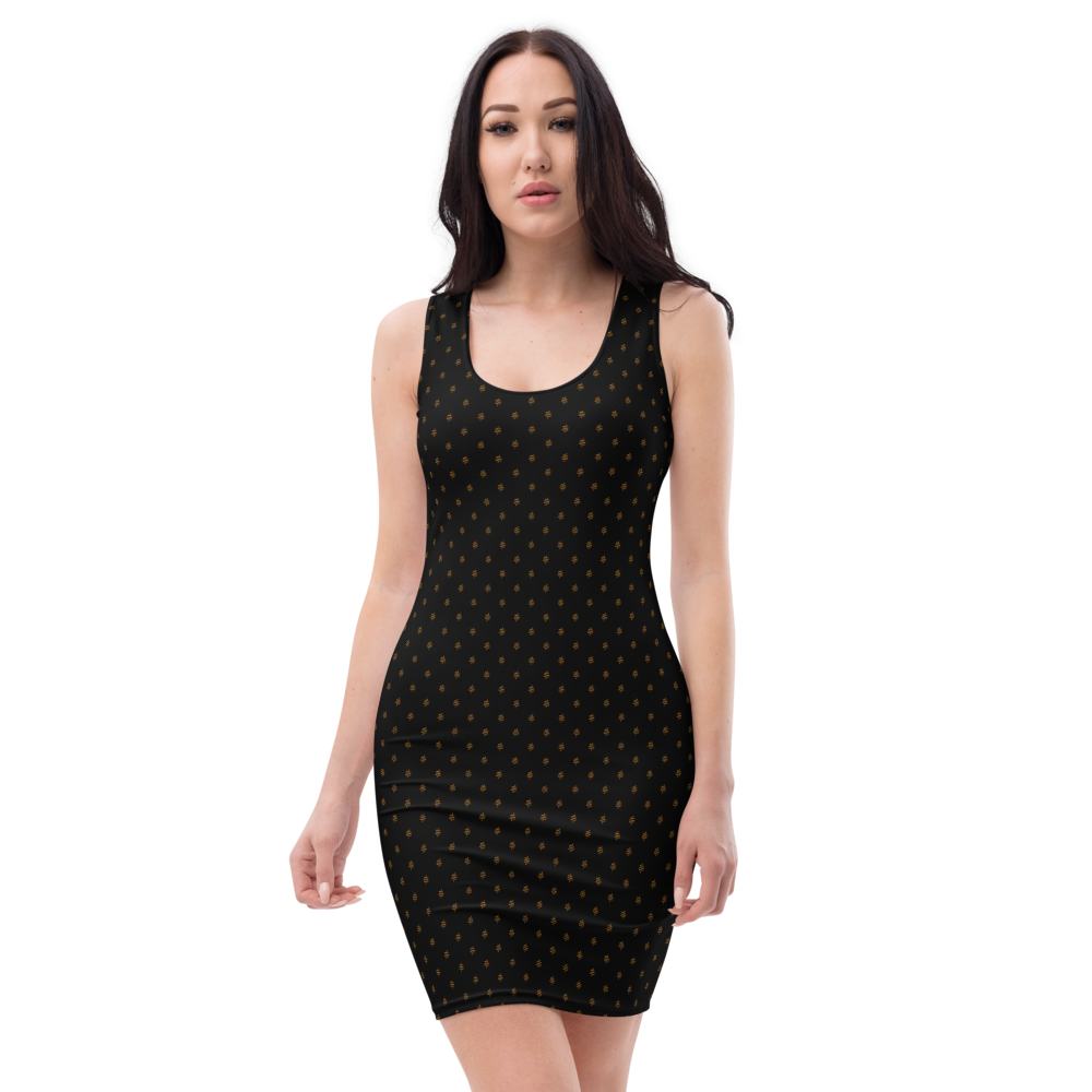 Front view of a woman wearing a black bitcoin bodycon dress.