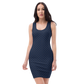 Front view of a woman wearing a navy blue bitcoin bodycon dress.