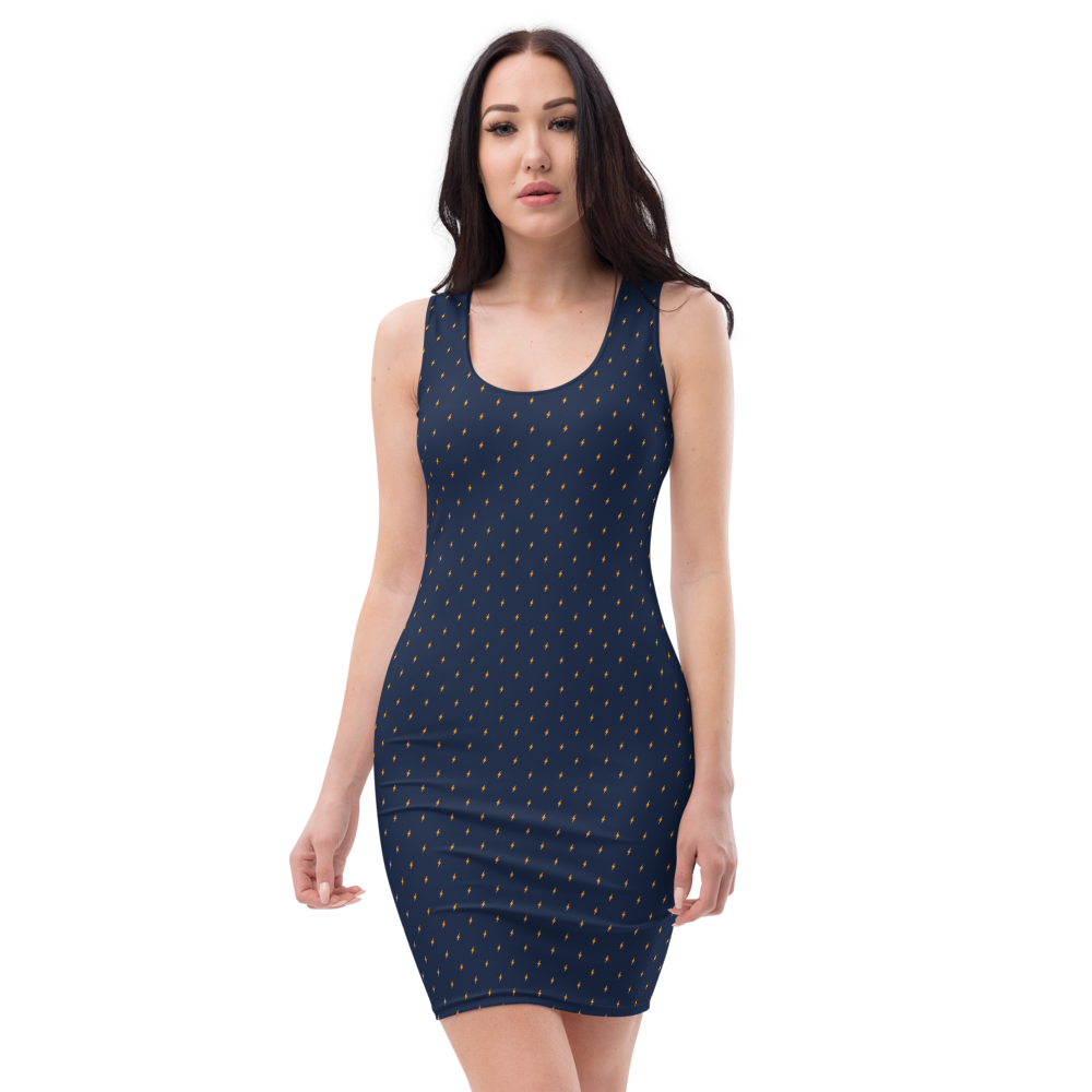 Front view of a woman wearing a navy blue bitcoin bodycon dress.