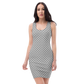Front view of a woman wearing a silver bitcoin bodycon dress.