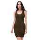 Front view of a woman wearing a black bitcoin bodycon dress.