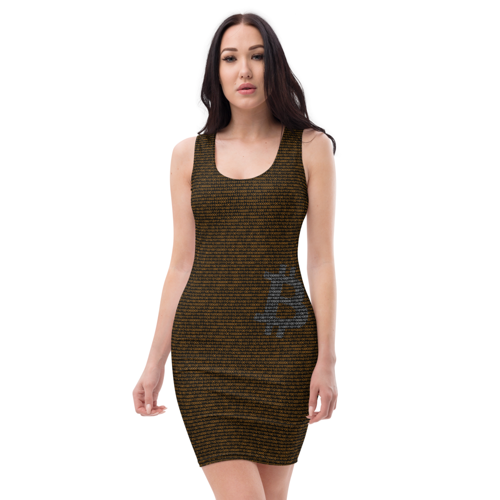 Front view of a woman wearing a black bitcoin bodycon dress.