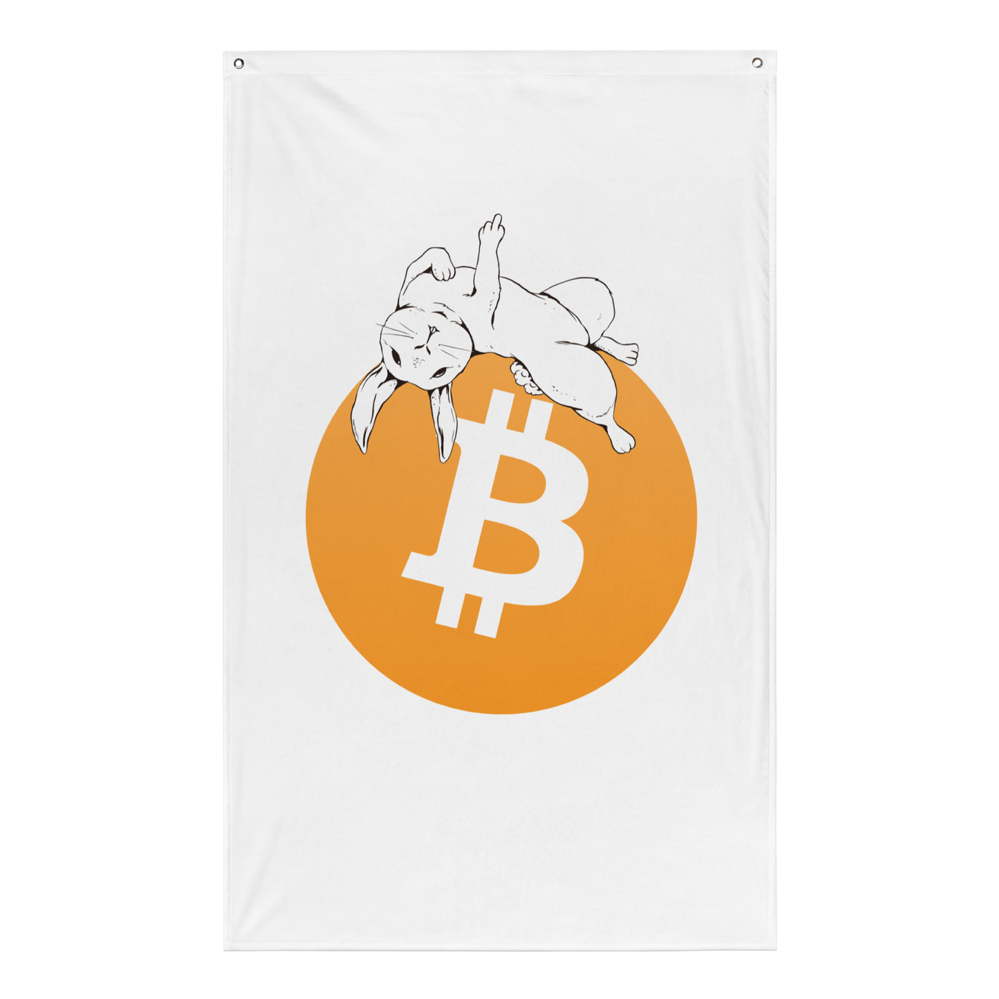 Front view of a white bitcoin flag.