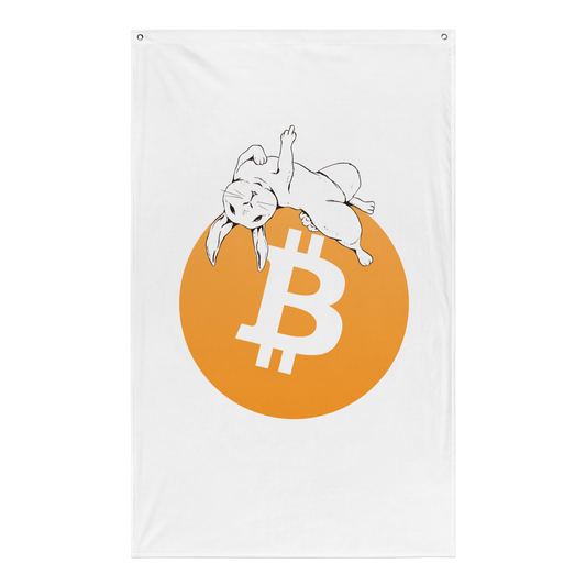 Front view of a white bitcoin flag.