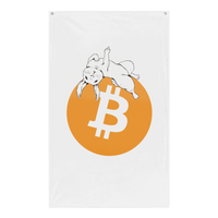 Bitcoin flag with bold anti-fiat message hanging on wall