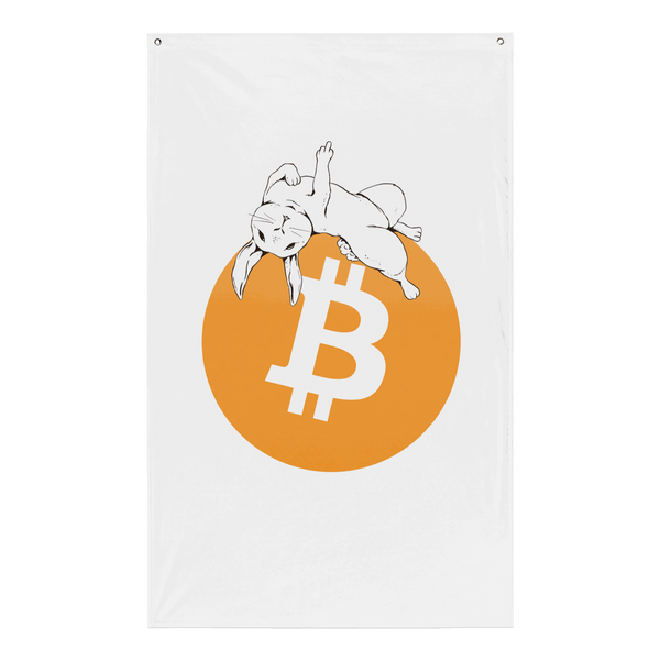 Bitcoin flag with bold anti-fiat message hanging on wall