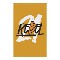 21 Rebel Bitcoin Flag hanging on wall made of durable polyester with sewn grommets