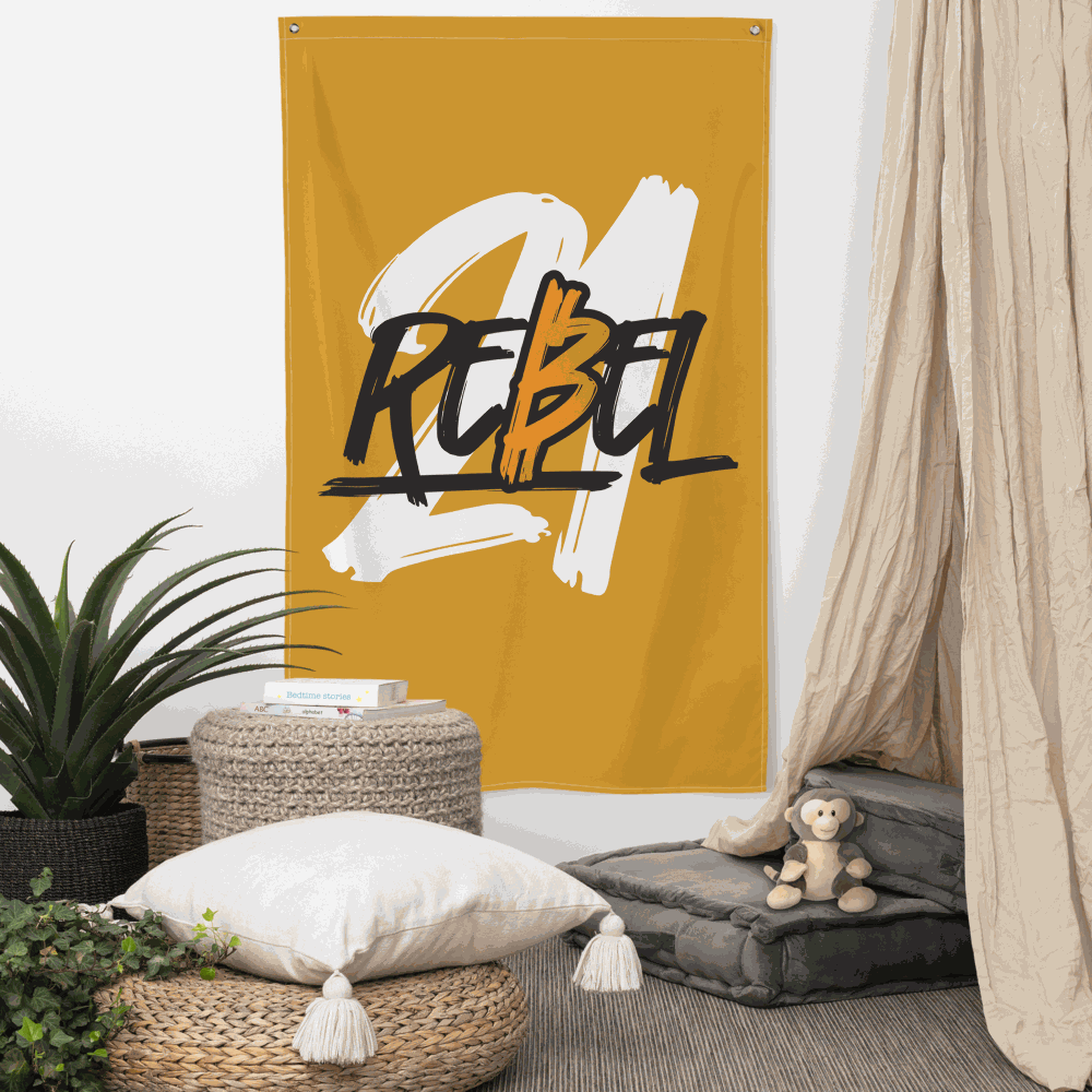 21 Rebel Bitcoin flag hanging on wall, made of durable polyester fabric with iron grommets