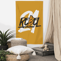 21 Rebel Bitcoin flag hanging on wall, made of durable polyester fabric with iron grommets