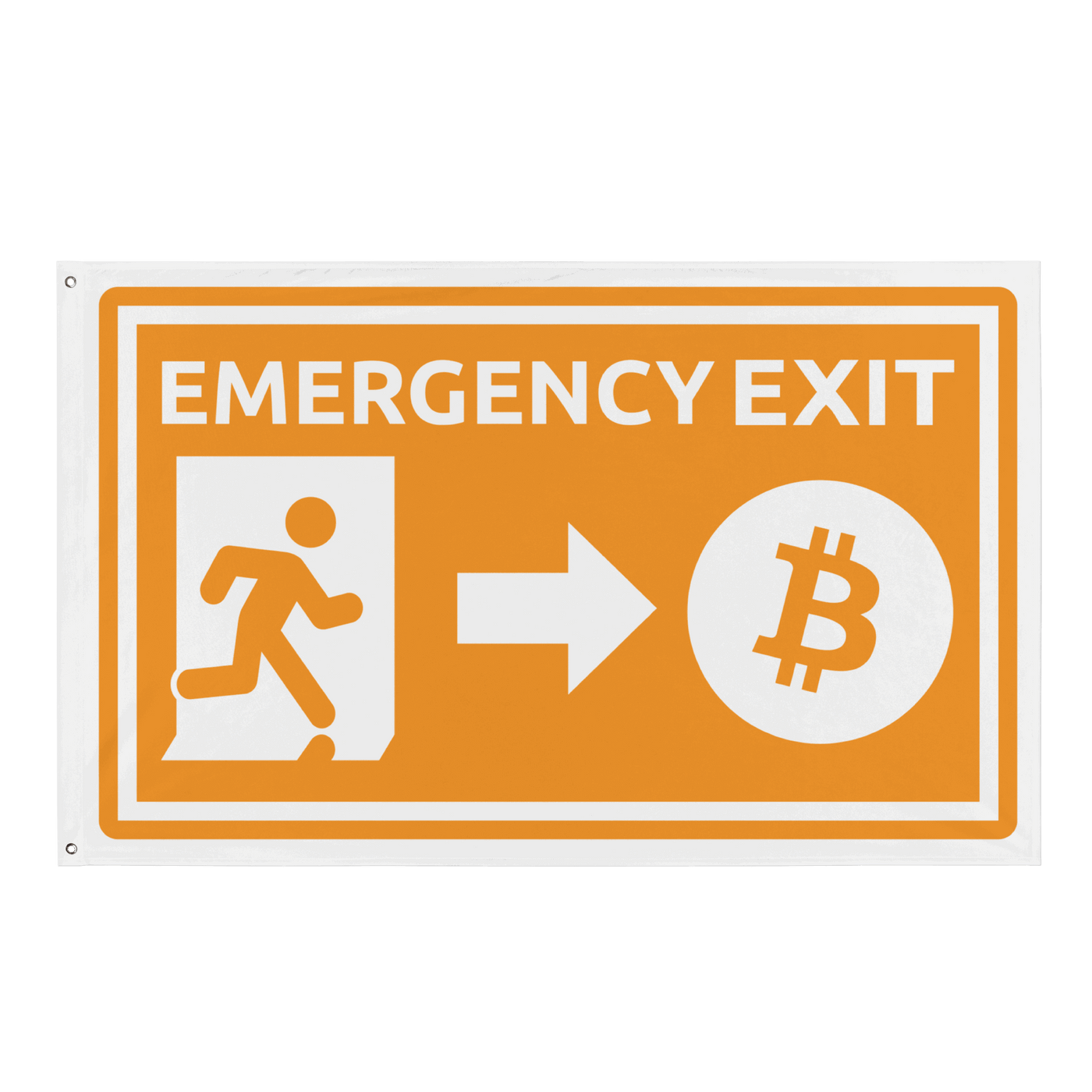 Bitcoin flag with emergency exit design hanging on wall