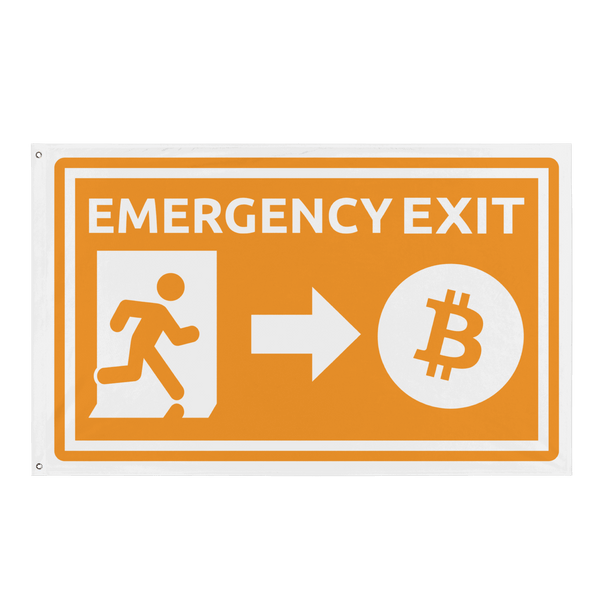 Bitcoin flag with emergency exit design hanging on wall