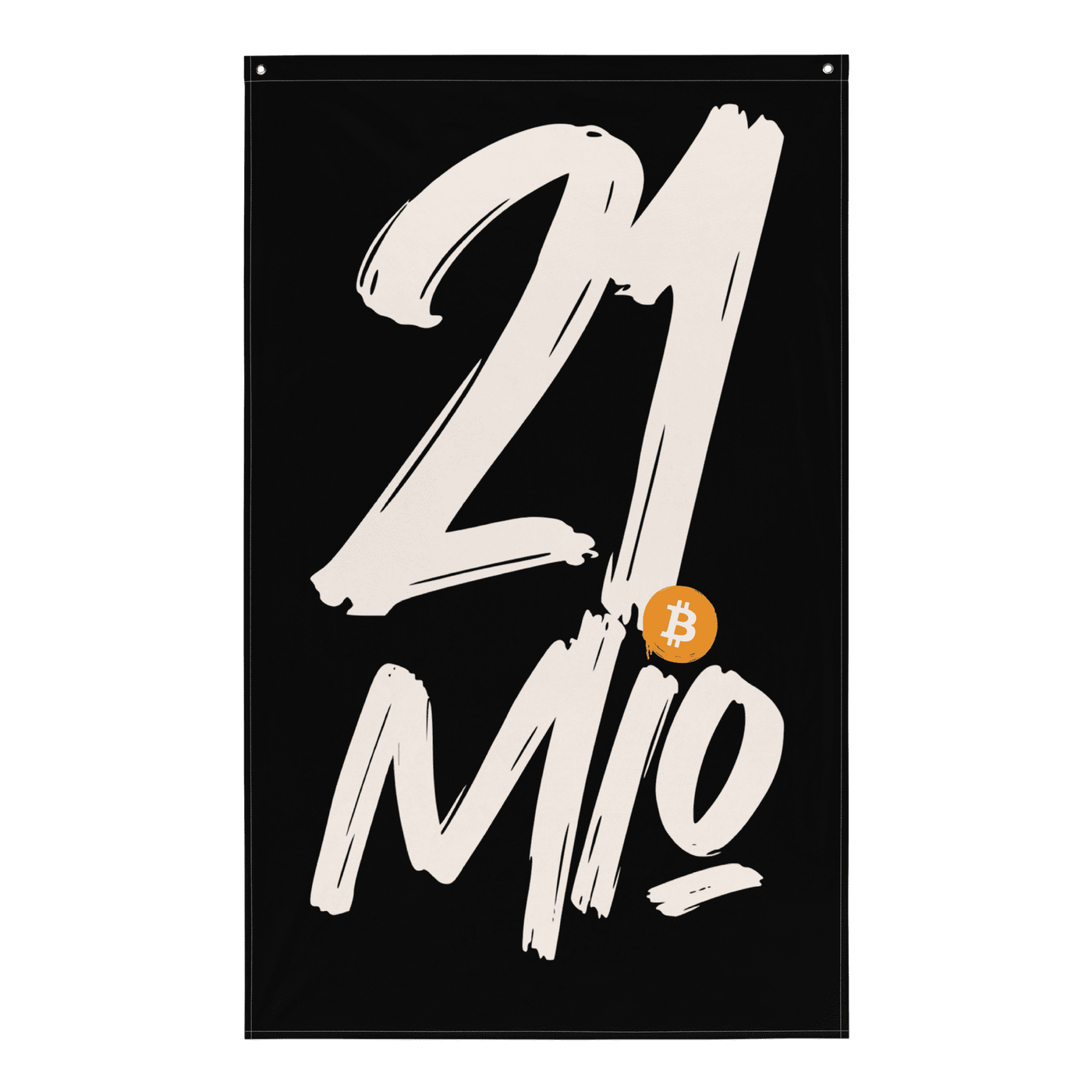 Bitcoin flag showcasing 21 million scarcity symbol on polyester fabric